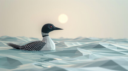 Digitally rendered loon bird floating on a stylized, polygonal water surface during sunset.