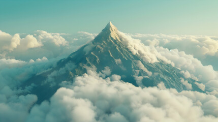 A jagged mountain peak piercing through clouds, aerial photography to show the imposing height and isolation of the peak