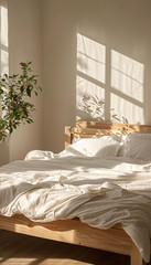 Cama en habitaci&oacute;n blanca y natural, con cabecero de madera. Estilo boho chic natural. Con sol entrando por la ventana. 