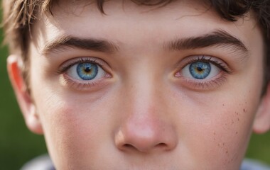 Obraz premium Closeup of a boys face with blue iris, smile, and hair