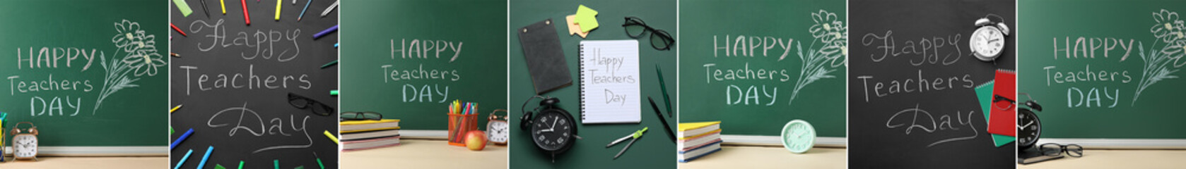 Collage of blackboards and school stationery. Happy Teacher's Day