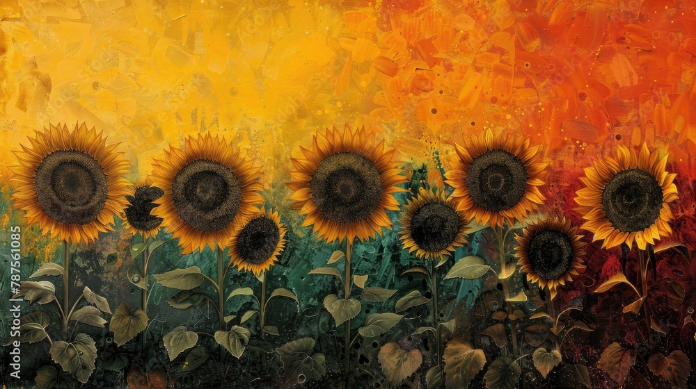 Poster Field of Sunflowers at Different Times