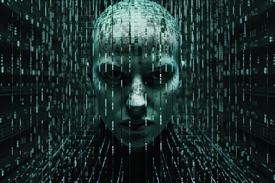 A close-up of a womans face completely surrounded by floating numbers, representing technology and time travel concepts. Generative AI - Powered by Adobe