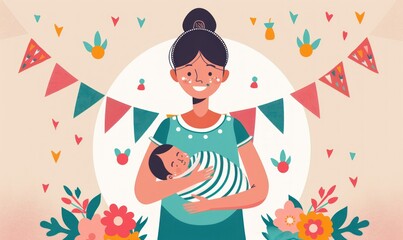 Midwife holding a baby in her arms. International Midwife Day concept.
