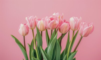 Fototapeta premium Tulips on pink background. Greeting card for Valentine's Day, Woman's Day, Mother's Day, Easter.