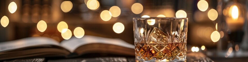 Glass of whisky with ice on wooden table. Bokeh lights in the background. - obrazy, fototapety, plakaty