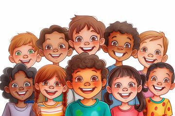 Group of Happy Smiling Kids Together Colored Illustration