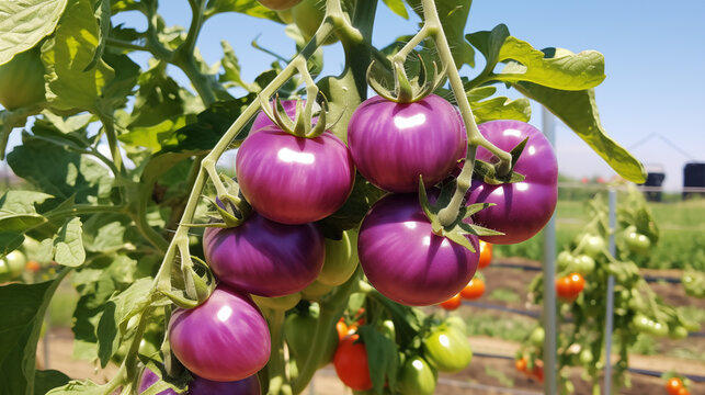 purple tomatoes on the tomato plants waterdrops on the tomatoes	