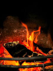 Naklejka premium Logs burning in fire place. Selective focus. Warm color.