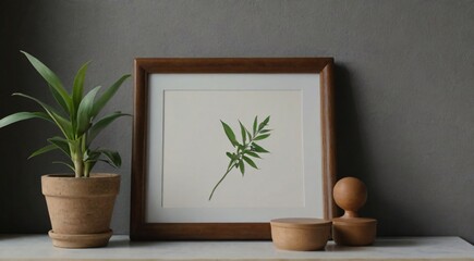 An empty frame on a table beside a plant.

