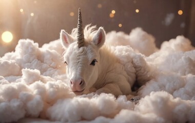 A fawncolored stuffed unicorn rests on fluffy pink clouds