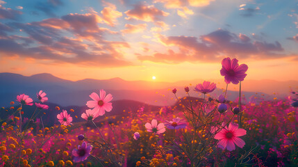 Fototapeta na wymiar Bela Paisagem do Pôr do Sol com Céu Colorido sobre o Campo de Flores