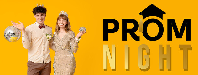 Happy prom couple in crowns with disco balls on yellow background