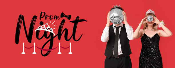 Beautiful prom couple with disco balls on red background