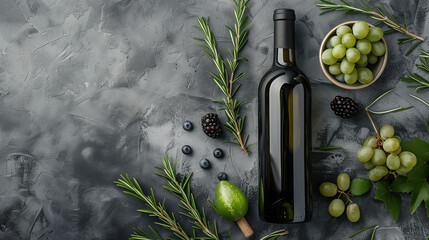 A bottle of wine is on a table with a bunch of grapes and some herbs - obrazy, fototapety, plakaty