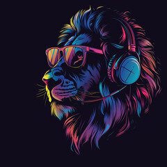 Illustration of a colorful lion on a black background, clothing design, lion wearing glasses - obrazy, fototapety, plakaty