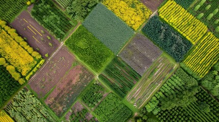 A view from above shows the intricate patterns of interplanted crops in the biofuel farm resembling a colorful mosaic of greens yellows and purples. This od allows for efficient use . - obrazy, fototapety, plakaty