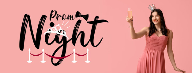 Beautiful young woman in stylish prom dress and paper crown with glass of champagne on pink background © Pixel-Shot