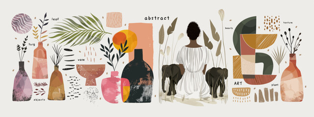 Obraz premium Aesthetics. Abstract modern art. Vector illustration of abstraction, stylish geometric shape, woman sitting back with elephants, vase with plants, twigs and leaves for a wall interior poster 