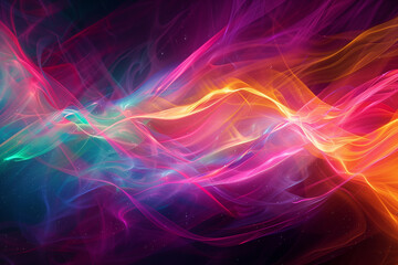 Interweaving of bright multi-colored light waves: Red, Yellow, Turquoise, Pink, Violet. - obrazy, fototapety, plakaty