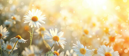 Charming chamomile blossoms in a field. A natural scenery of spring or summer with a daisy in full bloom under sunlight. Blurred background for a gentle effect. - obrazy, fototapety, plakaty