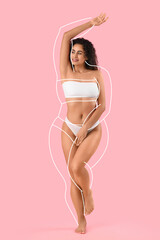Body positive mature woman in underwear on pink background