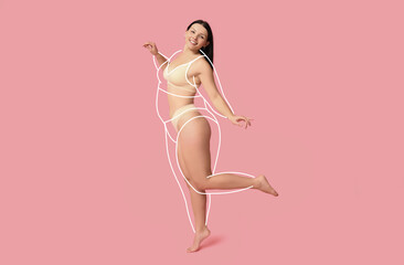 Body positive young woman in underwear on pink background