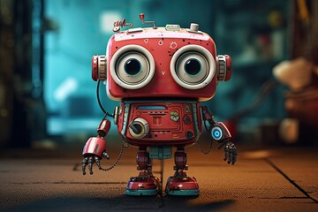 Fototapeta premium A red robot with big eyes stands on a floor, showcasing its cute and quirky design. Generative AI