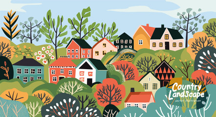 Country landscape. Summer and nature. Vector cute illustrations of a village, town, farm, rural house,  city, street, bush for a poster, background or banner