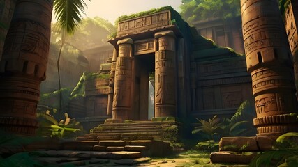 ai generated realistic beautiful egypt ancient temple hidden in a forest with intricate carvings and surrounded by dense foliage and magnificent ancient buildings - obrazy, fototapety, plakaty