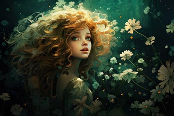 A painted depiction of a young girl with flowing long hair, surrounded by colorful flowers on a green background. Generative AI