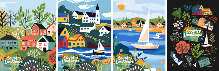 Country landscape. Summer and nature. Vector cute illustrations of a village, town, lake with a boat, house, river, city, street, bush for a poster, background or card - 787563830