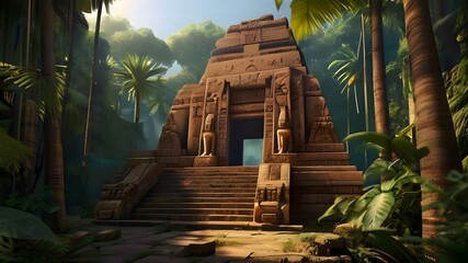 ai generated realistic beautiful egypt ancient temple hidden in a forest with intricate carvings and surrounded by dense foliage and magnificent ancient buildings - obrazy, fototapety, plakaty