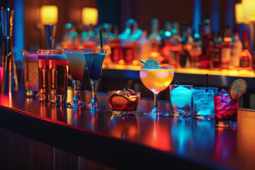 colorful array of mixed drinks on a bar with mood lighting and modern decor