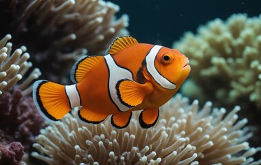 Clownfish, a type of anemone fish, swims on coral reef