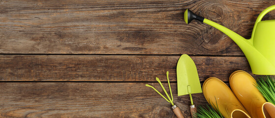 Composition with watering can and trowel on wooden background. Top view