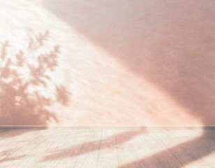 Bright light pastel pale delicate pink room wall flatlay as background. Abstract natural floral shadow patterns. White wooden floor.