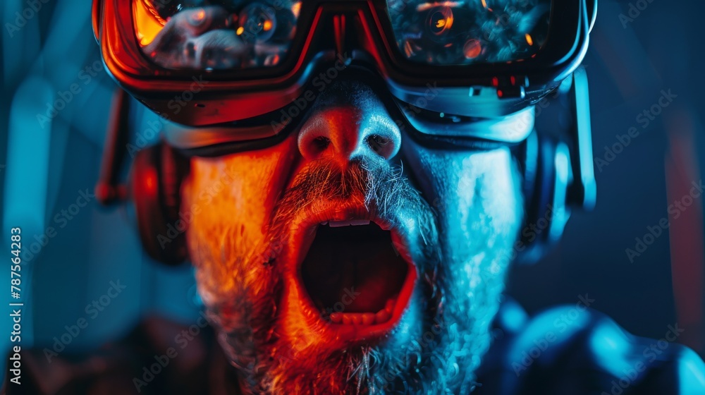 Poster close-up view of an intense gamer fully engaged in a virtual reality world with a vr headset on.