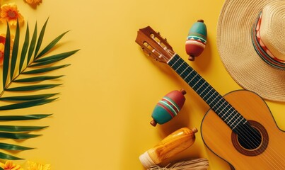 Cinco de Mayo holiday yellow background. Top view, copy space.
