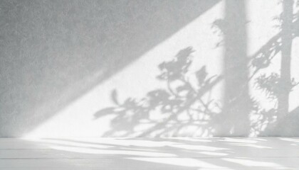 White wall as background. Abstract natural floral shadow patterns. White wooden floor.