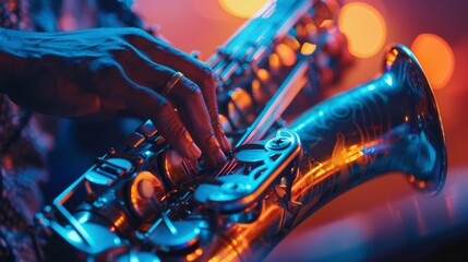 Focus on a saxophonist's fingers gliding over keys, a key element in the pulse of a live jazz concert. - obrazy, fototapety, plakaty