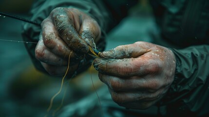 A seasoned angler's hands tying a fly to a fishing line, showcasing precision and patience, ideal for close-up stock photos.