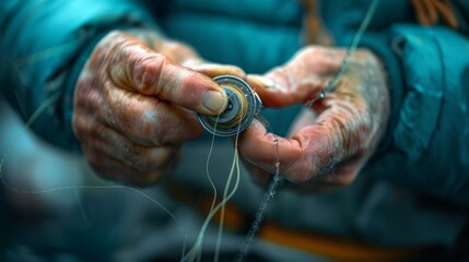Hands of an experienced angler tying a fly to a line, illustrating precision in fishing, perfect for close-up stock imagery. - obrazy, fototapety, plakaty