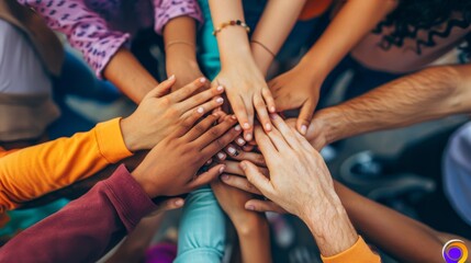 A close-up image of hands together, depicting unity and collaborative support in an inclusive school. - obrazy, fototapety, plakaty