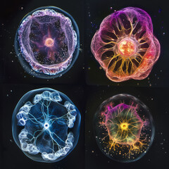 Vibrant, multicolored animal cells against a black background. Simile of multiple images. Generative AI.