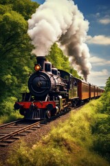 Naklejka premium An antique steam-powered locomotive chugging along railway tracks in the countryside