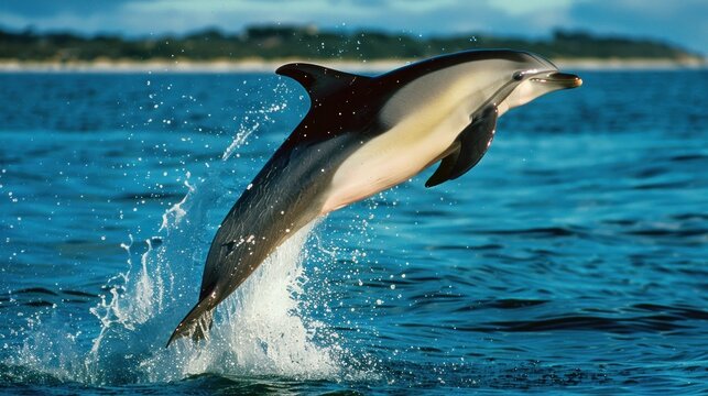 Portrait a dusky dolphin fish animal jumping up from ocean water. AI generated image