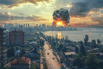 In the heart of a modern coastal metropolis, against the backdrop of sunset, a colossal nuclear bomb explodes causing chaos and destruction. Generative AI. - obrazy, fototapety, plakaty