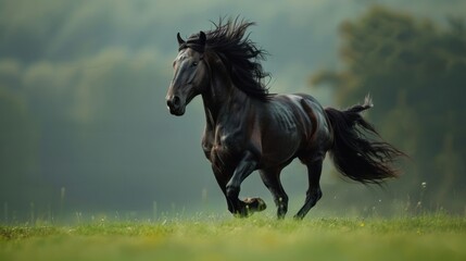 Portrait closeup a brown long mane horse running freedom on green field. AI generated image - obrazy, fototapety, plakaty