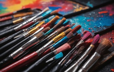 A row of paint brushes in vibrant colors like violet, magenta, and electric blue